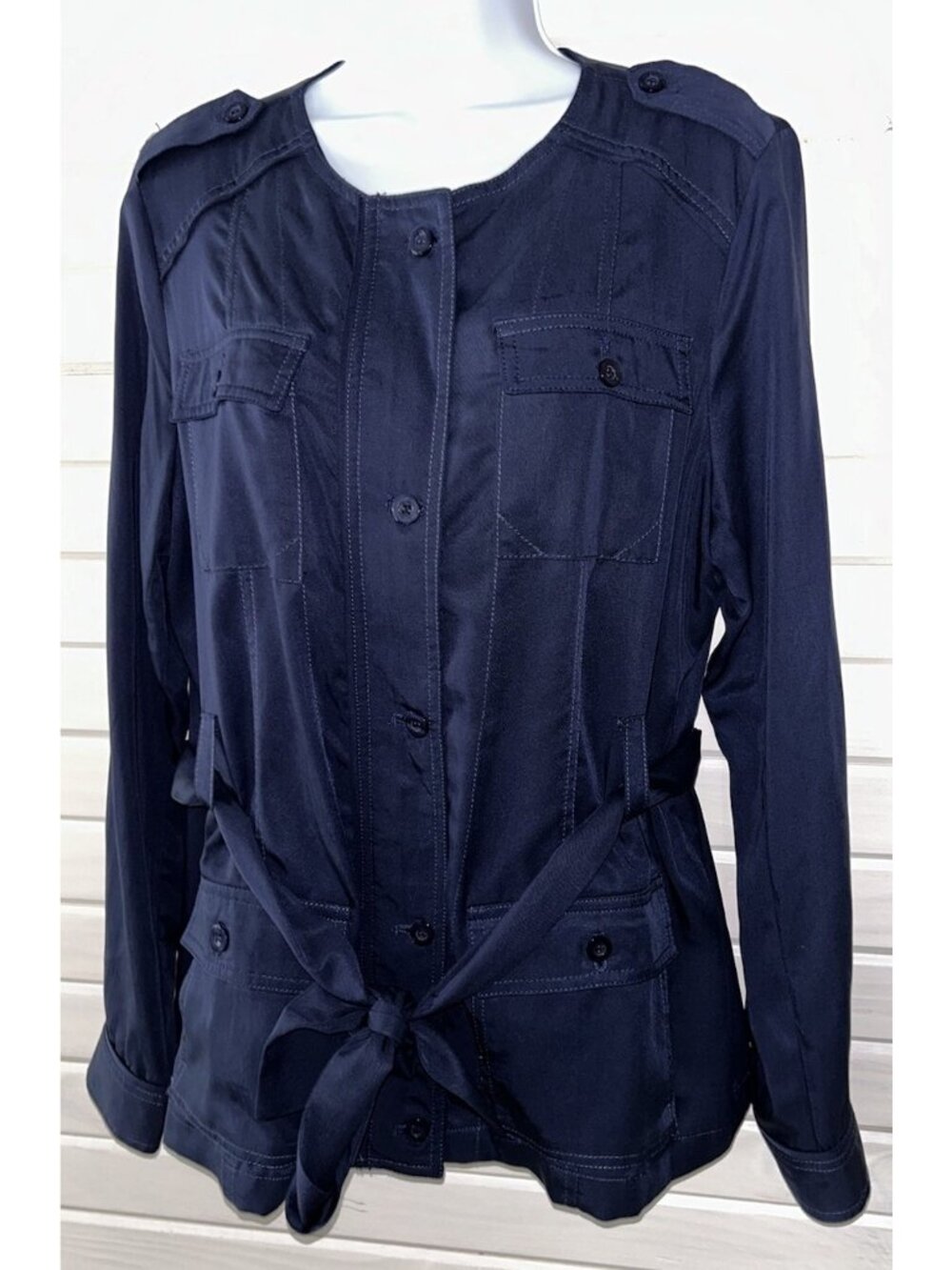 41 Hawthorn Sz MEDIUM Navy Blue Zip Button Utility Jacket Belted Lyocell *VGUC